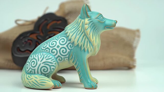 Vibrant turquoise ceramic dog figurine with intricate white swirl patterns on a glossy surface