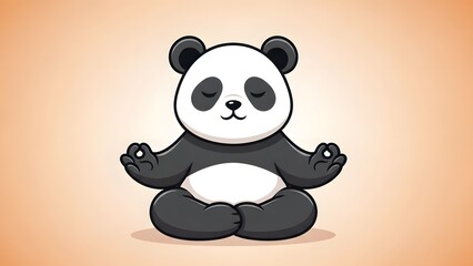 Fototapeta premium Cute cartoon panda meditating in lotus position with closed eyes on a soft orange background, depicting peace and mindfulness.