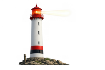 Lighthouse beacon emitting guiding light, symbolizing safety, navigation, and maritime security, on transparent background