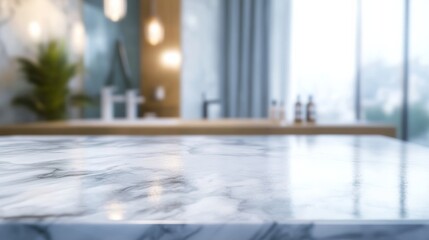 Blurred bathroom background with marble countertop for product display or design layout in a modern setting