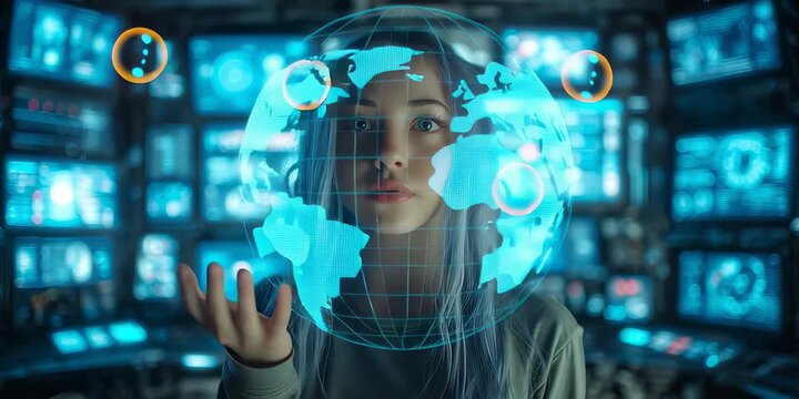 A kid girl learns online using futuristic technology. Generative AI.