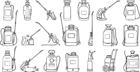 Obraz premium Hand-drawn collection of garden and agricultural sprayers, including pump, trigger, backpack, and wheeled types. Outline vector illustration set for pesticide, herbicide, and plant care tools.