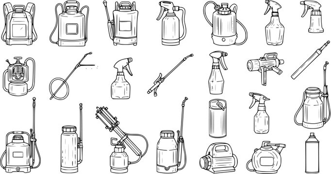 Collection of Vector Sketchy Pesticide Sprayers: Diverse Designs for Farming, Gardening, and Pest Control