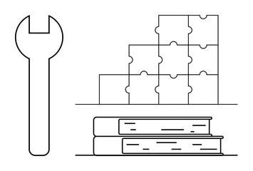 Problem-solving concept. Problem-solving illustrated with a wrench, puzzle pieces, and books solutions, tools, and knowledge enhancement. For education, teamwork, strategy innovation and skills