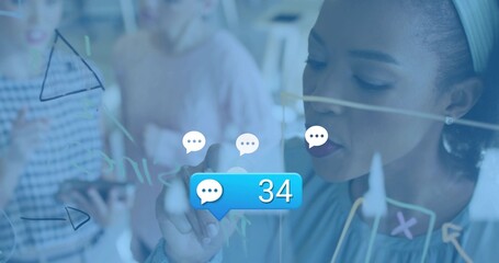 Writing manager wearing band work top office glass board, marker, phone, chat bubble 34, copy space