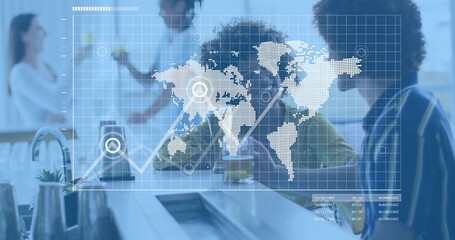 Leaning woman with curly hair in green-top chatting at break counter, near glass and HUD overlay