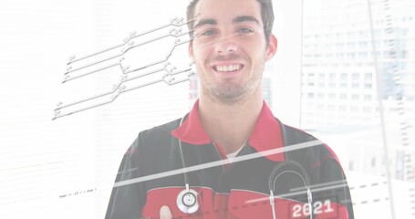 Smiling medic in red-black jacket at clinic window, showing stethoscope and thumbs-up with overlays