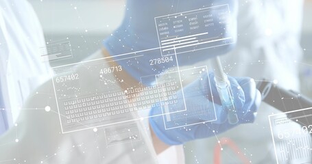 Pipetting blue-nitrile-gloved technician in white-coat handling pipette and vial at lab, overlays