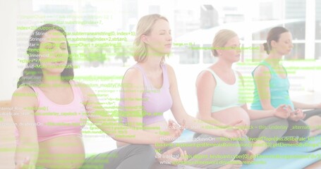 Practicing four pregnant women on mats in sunlit studio with windows, in pastel tanks, code overlay