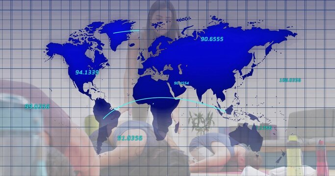 Showing blue map overlaying center of fitness studio, with numeric labels and athletic clothing - Powered by Adobe