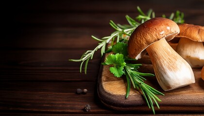 Fototapeta premium porcini mushroom with rosemary and parsley on wooden cutting board boletus edible