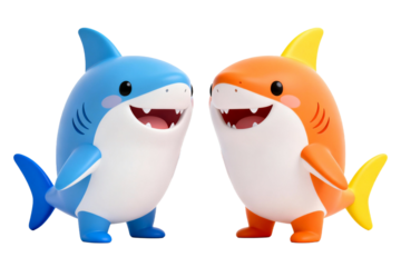 Two cute cartoon sharks, blue and orange characters