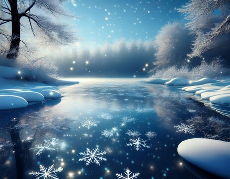 n shimmering frozen water surface with reflections of snowflakes - Powered by Adobe