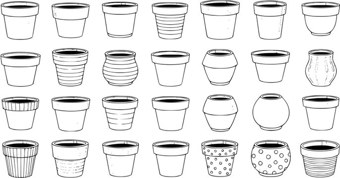 Hand Drawn Vector Illustration Set of Empty Plant Pots and Flowerpots. Collection of Various Outline Sketch Designs for Gardening, Plants, and Home Decor.