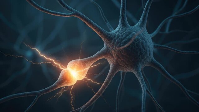 Neurons Connection: Witness the intricate network of a neuron, its pathways illuminated with the electricity of thought and consciousness, a glimpse into the building blocks of the mind.