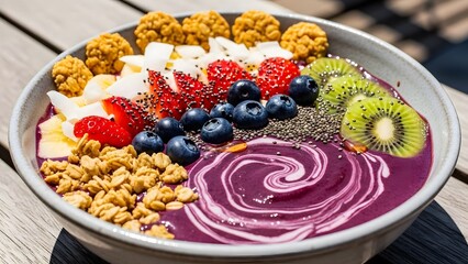 A bowl of acai with toppings and granola superfood breakfast