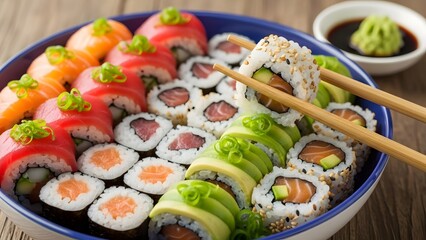A bowl of fresh sushi rolls with chopsticks