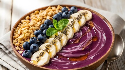 A bowl of acai with toppings and granola superfood breakfast