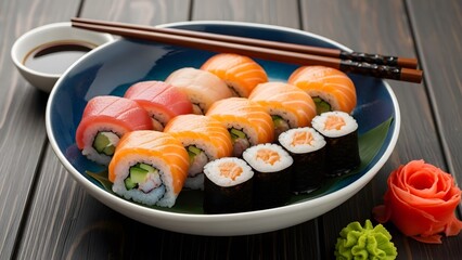 A bowl of fresh sushi rolls with chopsticks