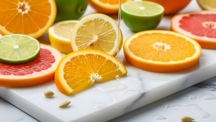 A burst of fresh citrus fruits sliced on a marble board juice dripping