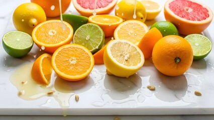 A burst of fresh citrus fruits sliced on a marble board juice dripping