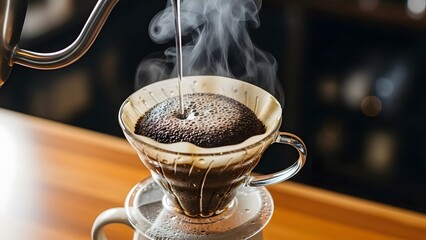 A close-up of a artisan coffee pour-over with steam rising from a ceramic mug