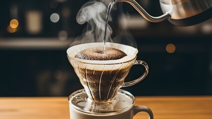 A close-up of a artisan coffee pour-over with steam rising from a ceramic mug