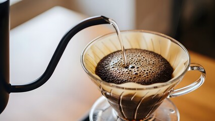 A close-up of a coffee pour-over with blooming grounds artisanal brew
