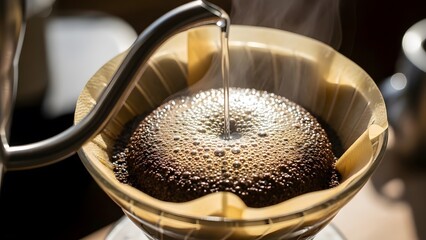 A close-up of a coffee pour-over with blooming grounds artisanal brew