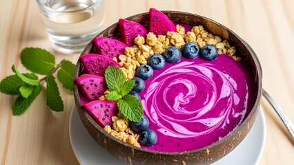 A colorful smoothie bowl with dragon fruit and granola healthy start
