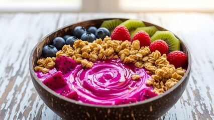 A colorful smoothie bowl with dragon fruit and granola healthy start