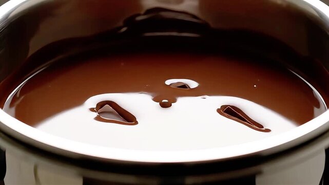 Delicious Dark Chocolate Chunks Slowly Melting to Liquid in a Metal Pot