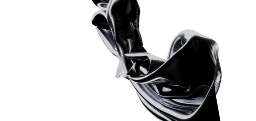 Abstract image of a flowing fabric with a metallic, reflective surface. Isolated on white background