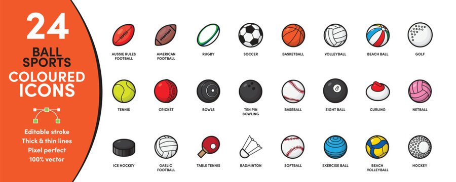 Ball Sports Coloured Icon Set, editable stroke with thick and thin stroke weights. Perfect for logos, stats and infographics. Change the thickness of the line in any vector capable app.