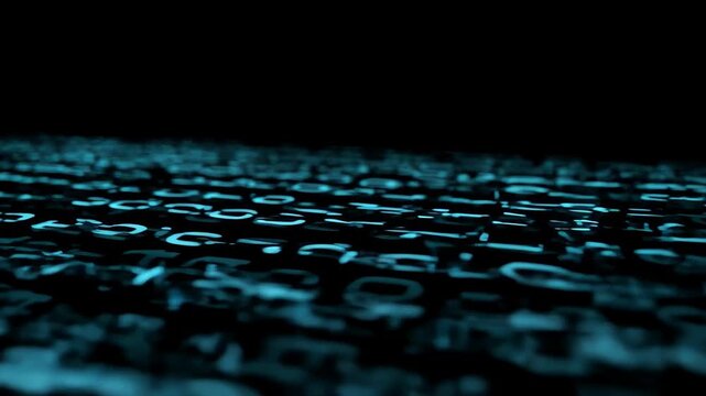 Code Data Realm: Abstract composition featuring digital code. The luminous teal binary code appears to stretch into the distance against a deep black backdrop, creating a feeling of infinite data