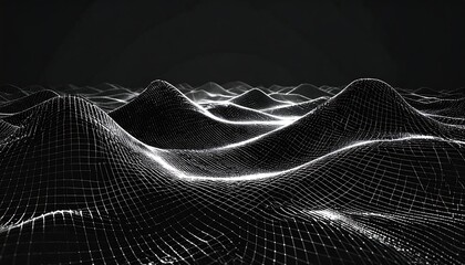 Monochrome depiction of undulating digital landscape