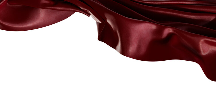Dramatic view of a wine-colored fabric flowing against a clean white backdrop, creating a sense of movement and luxury.