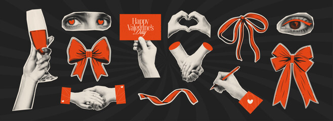 Collection of retro-style Valentine&rsquo;s Day collage elements: hand gestures, ribbons, bows, eyes, and love cards. Halftone texture and bold red details evoke a nostalgic romantic vibe.