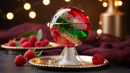 A vibrant festive dessert with red and green layers, adorned with glitter and fresh raspberries
