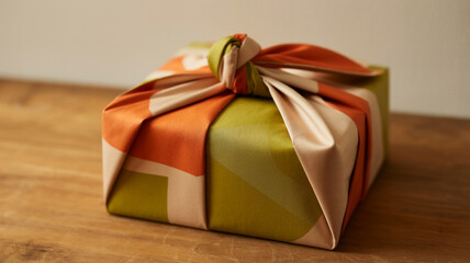 Elegant furoshiki wrapped gift in olive green and orange fabric on a rustic wooden table