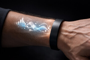 A person wearing a smartwatch with a futuristic digital interface displaying sound waves and data on their wrist
