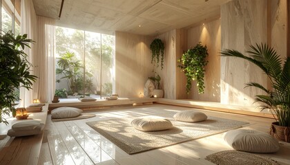 Serene yoga session in a natural environment with soft light and a tranquil atmosphere. Perfect for mindfulness, outdoor yoga, wellness retreats, mental health and relaxation themes.