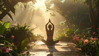 Serene yoga session in a natural environment with soft light and a tranquil atmosphere. Perfect for mindfulness, outdoor yoga, wellness retreats, mental health and relaxation themes.