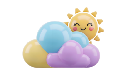 Smiling Sun Behind Colorful Cartoon Clouds.