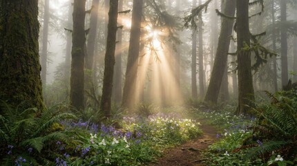 Obraz premium Sun Rays Breaking Through The Misty Canopy Of An Ancient Mossy Forest Onto A Vibrant Field Of Purple And White Wildflowers At Early Dawn