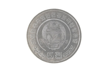 Obverse of North Korea coin 5 chon 2008, isolated in white background. Close up view
