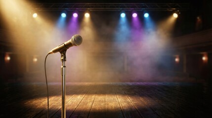 Vintage Style Microphone On A Tall Stand Standing On A Dark Wooden Stage Under Colorful Spotlights With Haze And An Empty Theater