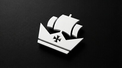 White 3D Ship Emblem with Sails and Cross Symbol Resting on Dark Textured Background Under Soft Directional Lighting Creating Realistic