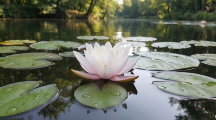 White Water Lily Blooming On Calm Pond Water Surrounded By Green Lily Pads With Dew Drops Under Soft Natural Daylight Near Lush Forest