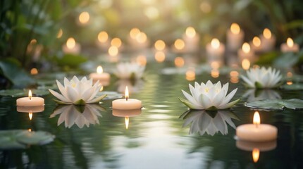 White Lotus Flowers And Floating Candles On A Dark Pond With Warm Bokeh Background Lights And Soft Reflections During Serene Night Ceremony